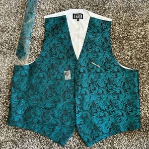 New Mens 3 Piece Paisley Turquoise Tuxedo Set:Vest,Tie, and Clip Size 3XL Long